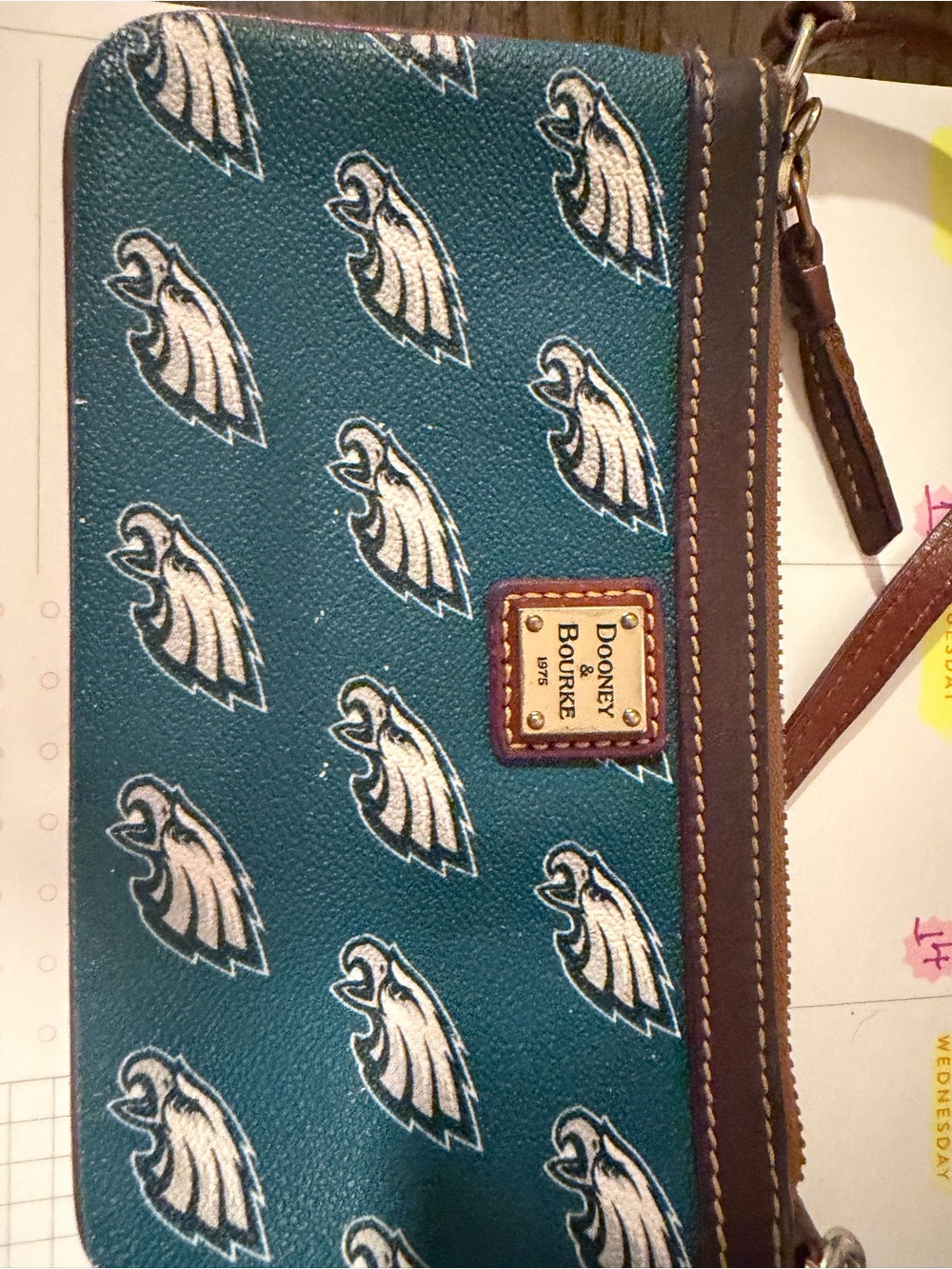 Dooney & Bourke Teal, White & Brown Eagles Wristlet
